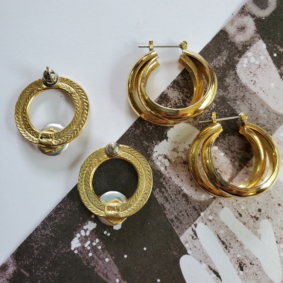 Set of 2 Vintage 90's Gold Tone Hoop & Circle Earrings - Picture 3 of 5